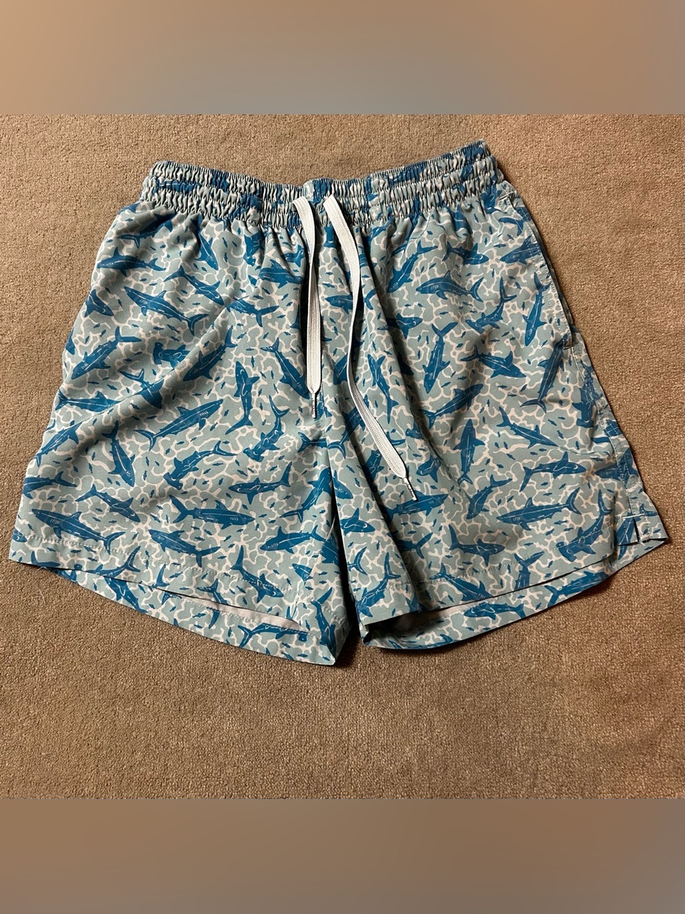 Chubbies Blue Sharks Print Athletic Swim Trunks w/5.5” Inseam - Men’s Size Small